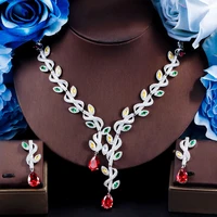 threegraces luxury multicolor cubic zirconia long leaf drop earrings necklace bridal wedding party jewelry set for women tz712