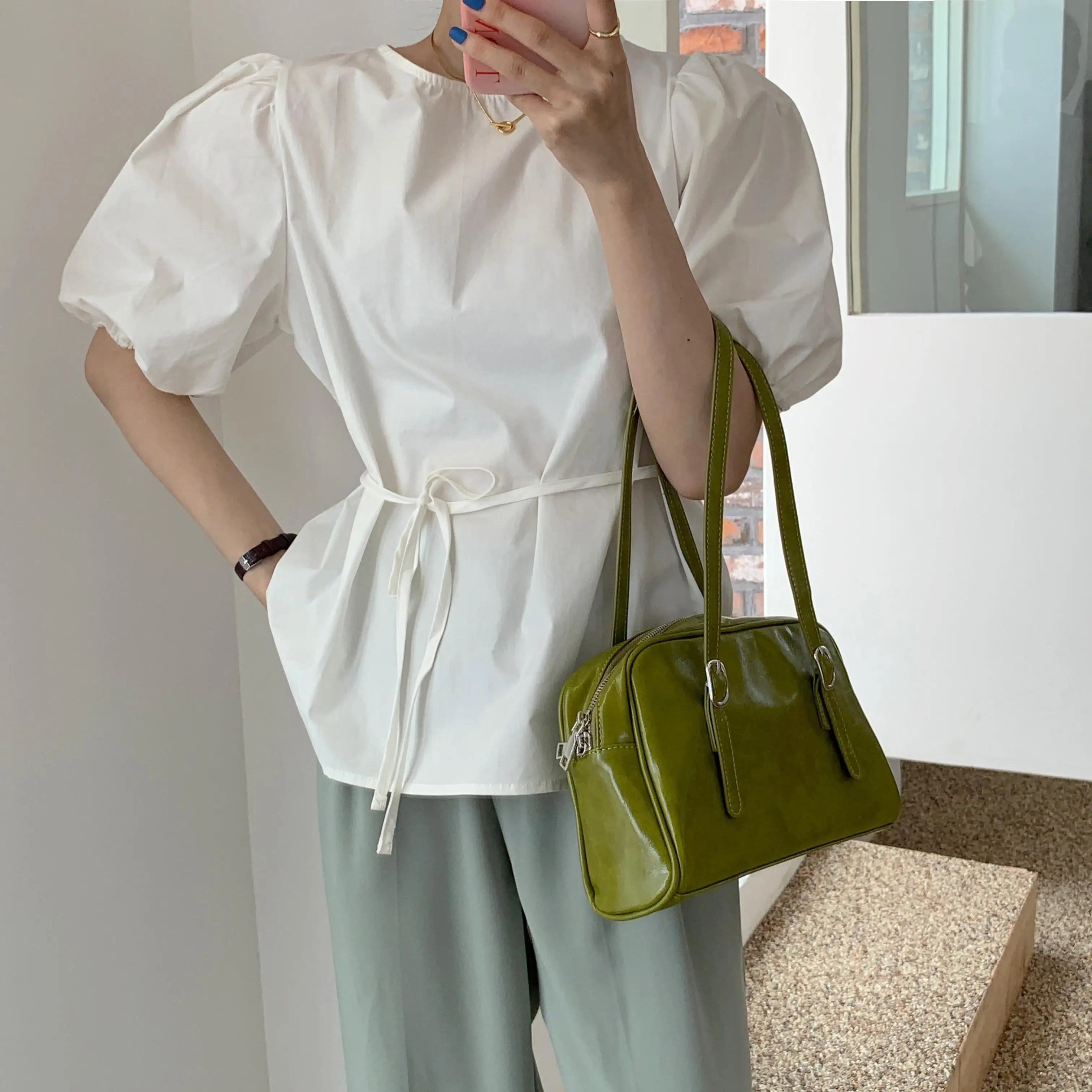 

COIGARSAM Blouse Women Short Sleeve Puff Sleeve High Waist Belt O-Neck Blusas Womens Tops And Blouses Dropshipping