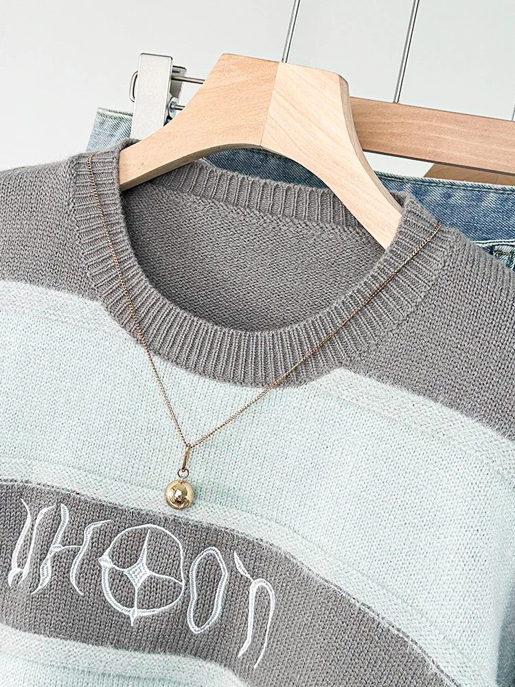 Inzevuka/Повседневный вязаный свитер в серую полоску женский осенне-зимний новый