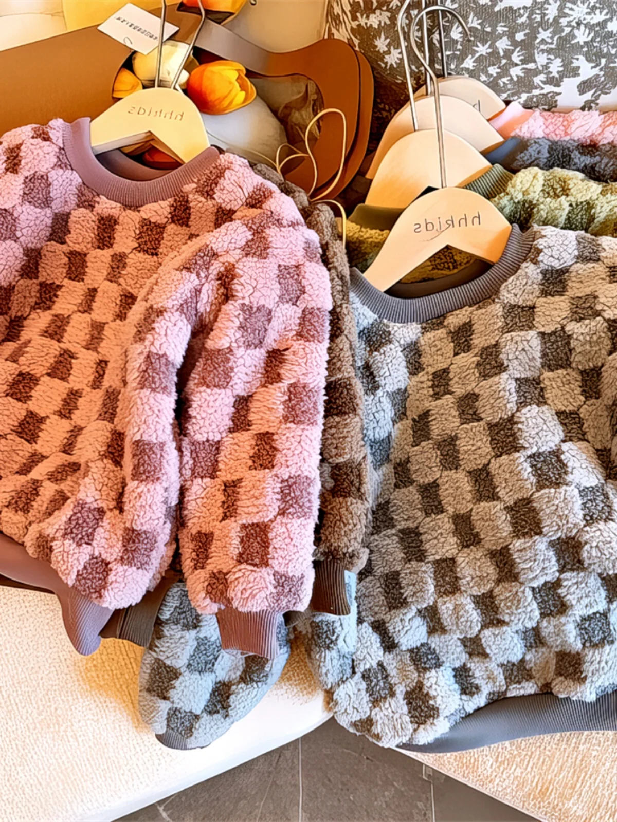 Warm Velvet Top Autumn and Winter Children's Plaid Long sleeve Clothing Thick Wei 2024 Wool plus Korean Sle Clot...