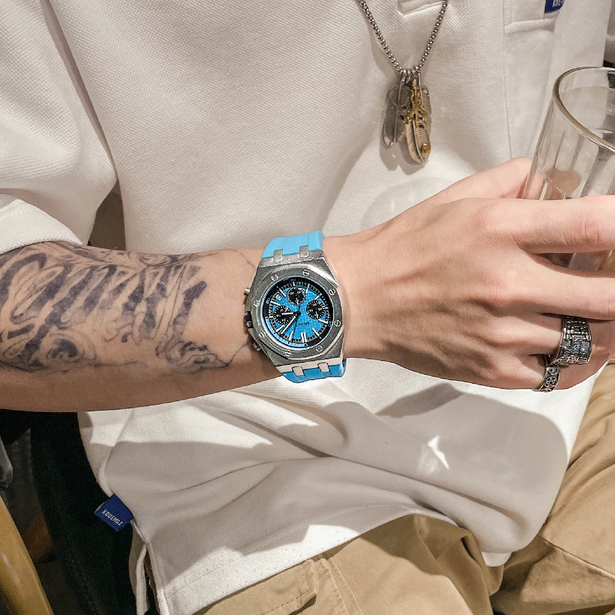 

Luxury Fashion Casual Watches Men Royal Brand Tiffany blue Waterproof Big Dial Wristwatch for Men Multi Function Chronograph