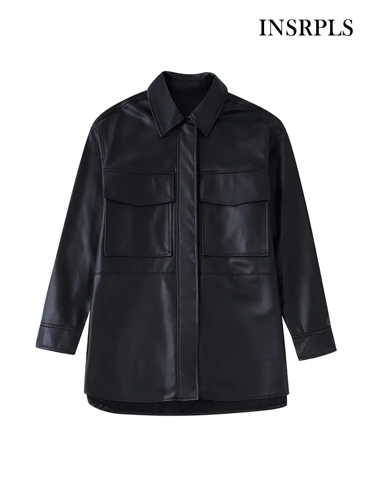 

INSRPLS Women Fashion Patch Pockets Loose Faux Leather Jacket Coat Vintage Long Sleeve Snap-button Female Outerwear Chic Tops