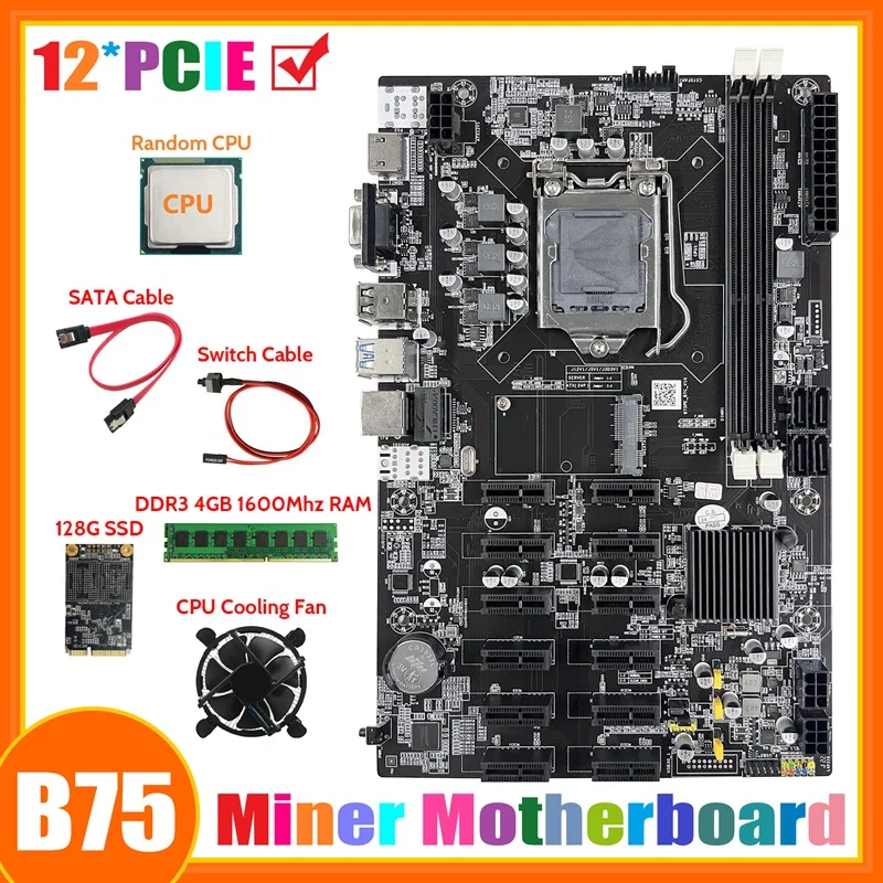 

Материнская плата B75 12 PCIE ETH для майнинга + случайный ЦП + DDR3 4 Гб 1600 МГц ОЗУ + 128 Гб SSD + вентилятор + SATA кабель + коммутационный кабель материнская...