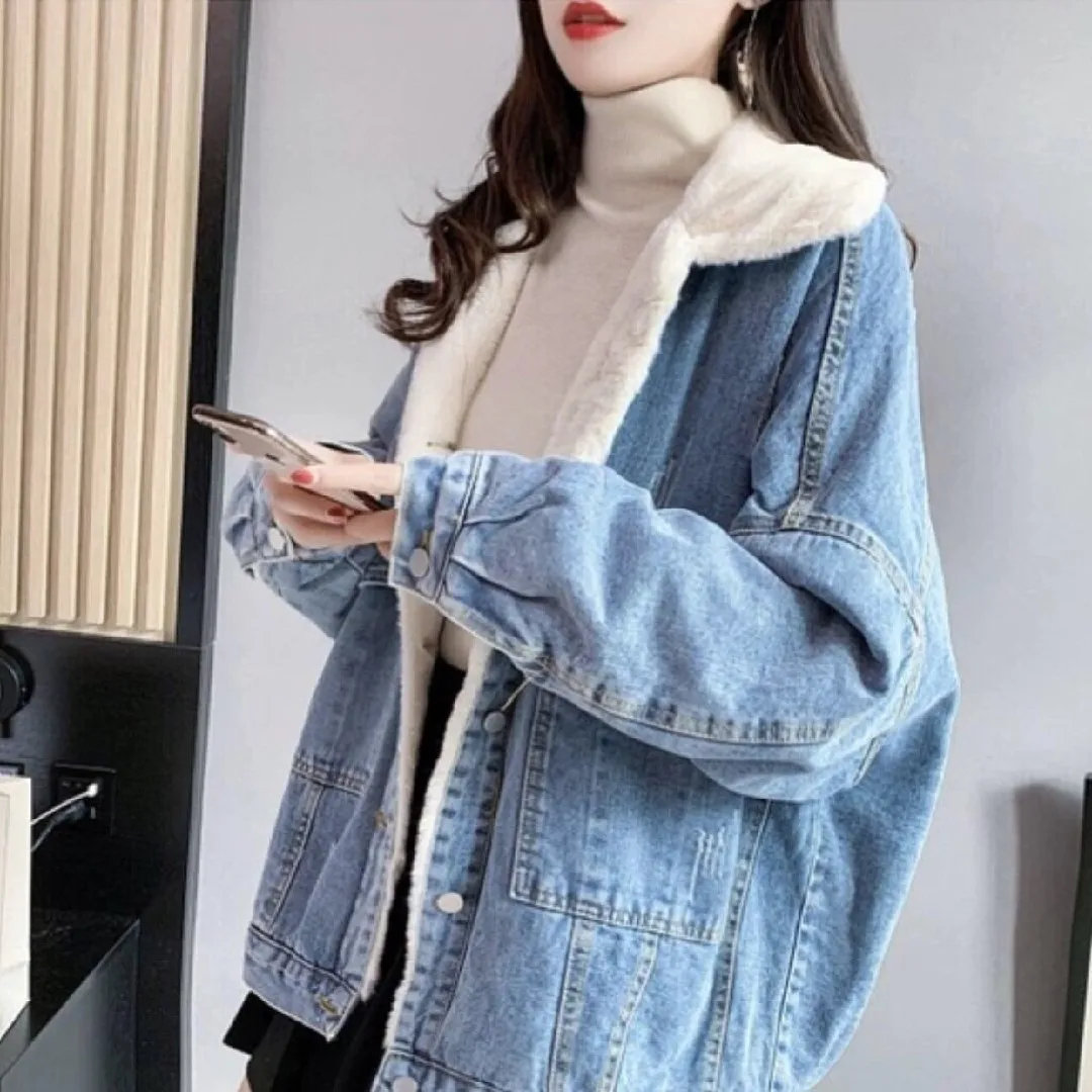 

Women Parka Autumn Winter Thicken Denim Lamb Wool Jacket Female Korean Cotton Coat Fashion Fleece Loose Short Denim Outerwear