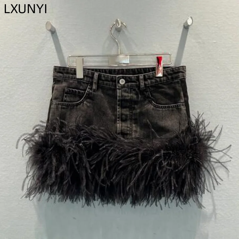 LXUNYI High Waist Denim Skirt Women 2023 Fashion Vintage Sexy Feather Patchwork Mini Short Jean Skirts Ladies Runway Mini Skirt