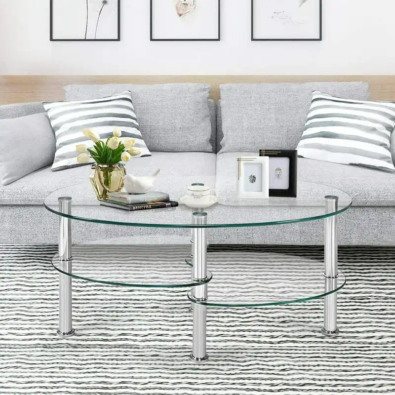 

Glass Coffee Table Oval 3-Tier Steel Tea Table for Home Living Room Office