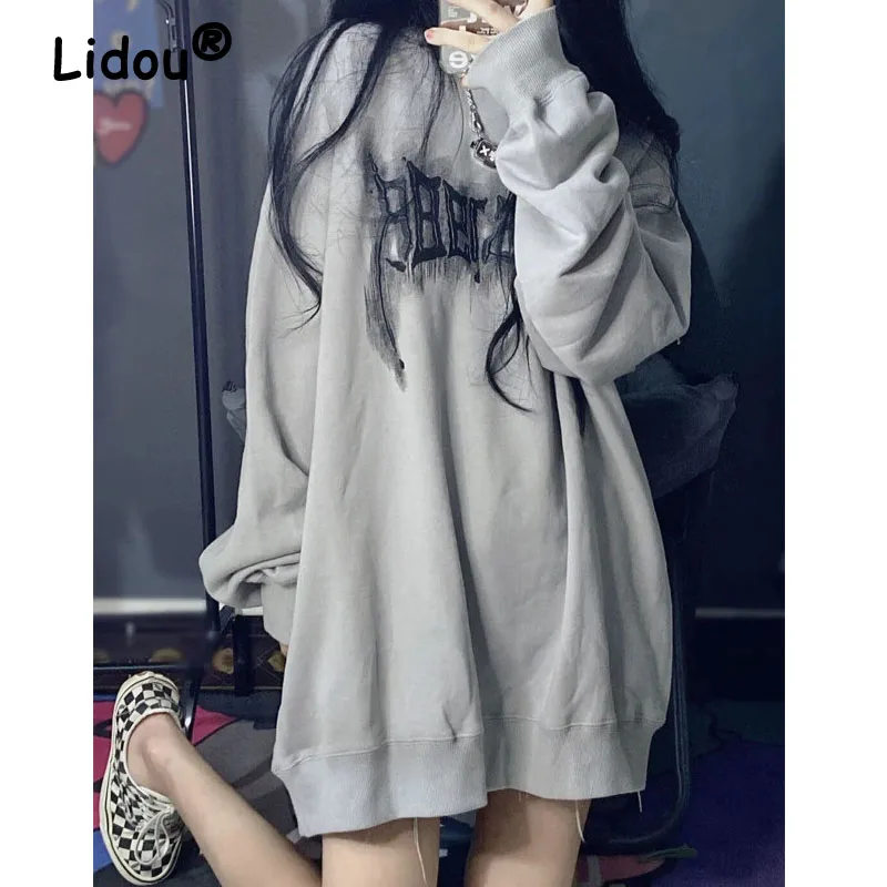 

Thick Gray Colour Stereoscopic Printing American Retro Lengthen Sweatshirts O-Neck Loose Wild Autumn Winter Pullover Cotton Top