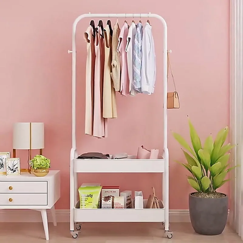 

Clothes Hanger Coat Rack Double Layer Storage Basket Furniture Rack Wardrobe Shelf Rack Movable Roller Floor Hanger Storage