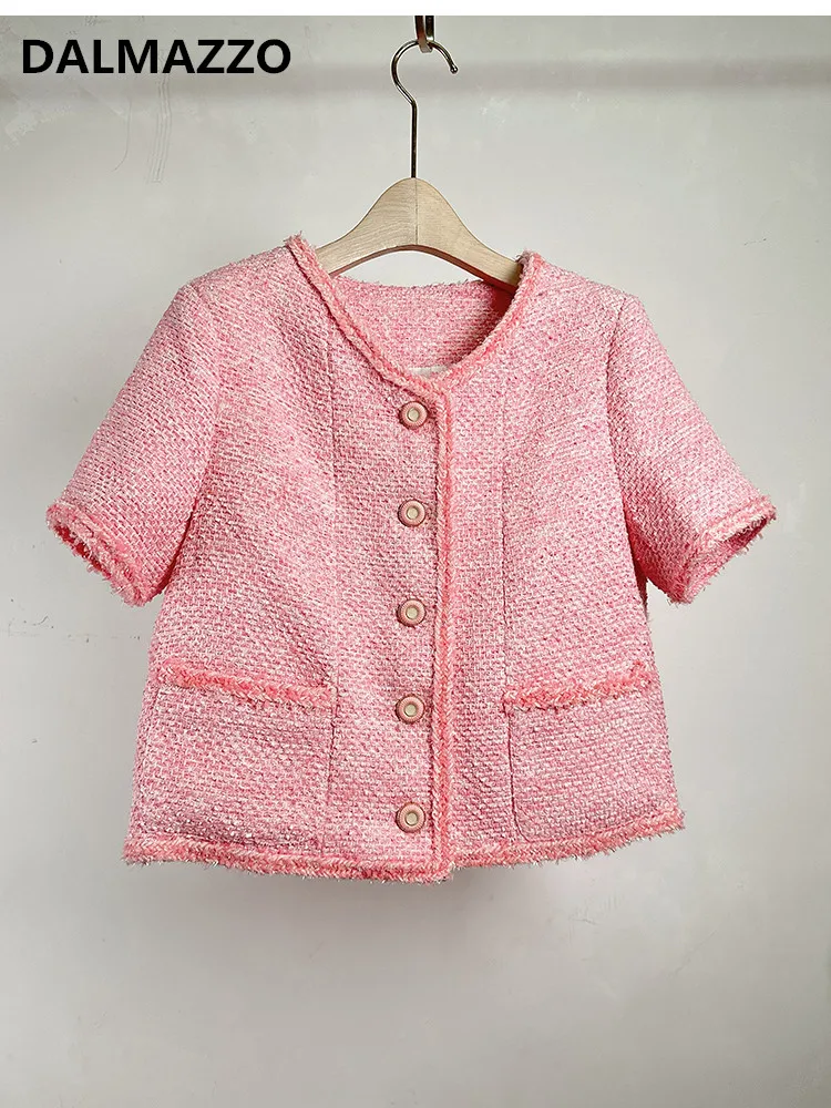 

DALMAZZO Vintage Small Fragrant Tweed Wool Short Jacket For Women Single-Breasted Pocket Summer Outerwear Pink Chic Coat 2023