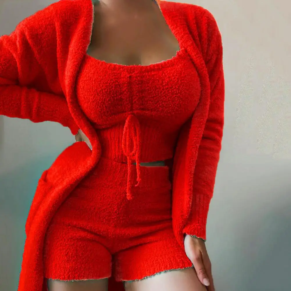 

3 Pcs/Set Autumn Pajamas Set Beautiful Long Coat Coat Tops Pants Suit Solid Color Short Tops Coat Tops Pants Suit