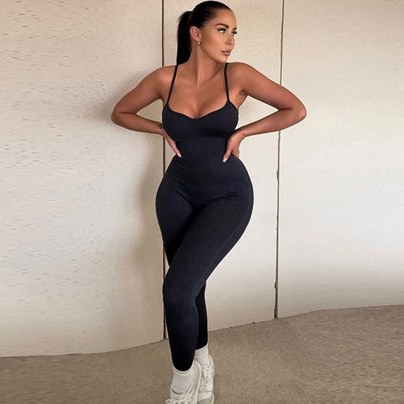 

USA style women's clothing fall new fashion street auction solid color V-neck open back slim jumpsuit wholesale