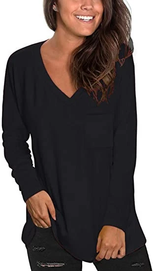 

Pullover None T-Shirt Solid V-Neck Regular Casual Women Long Sleeve Pockets Cotton Autumn/Winter