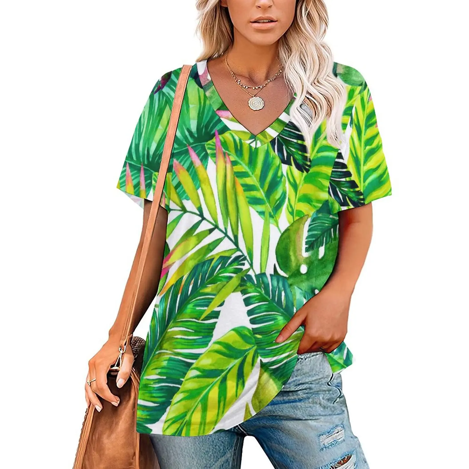 

Green Palm Leaves T-Shirts Tropical Plants Print V Neck Basic Oversized T-Shirt Short Sleeves Lady Pretty Tshirt Summer Top Tees