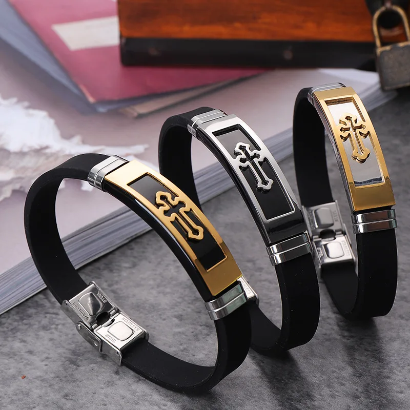 

Fashion Charm Jewelry Stainless Steel Cross Silicone Bracelet Vintage Titanium Steel Bracelets Bangles Cuff Bracelet Men