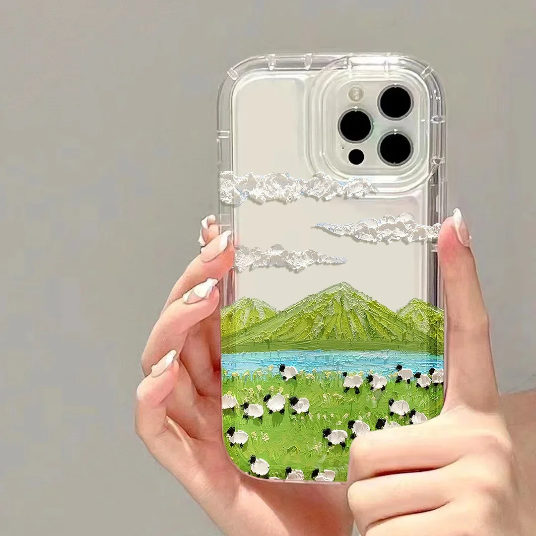 

Oil Painting Sheep Cow Clear Phone Cases For Iphone 15 14 13 12 11 Pro Max Mini 7 8 Plus SE X XS XR Shockproof Back Cover Fundas