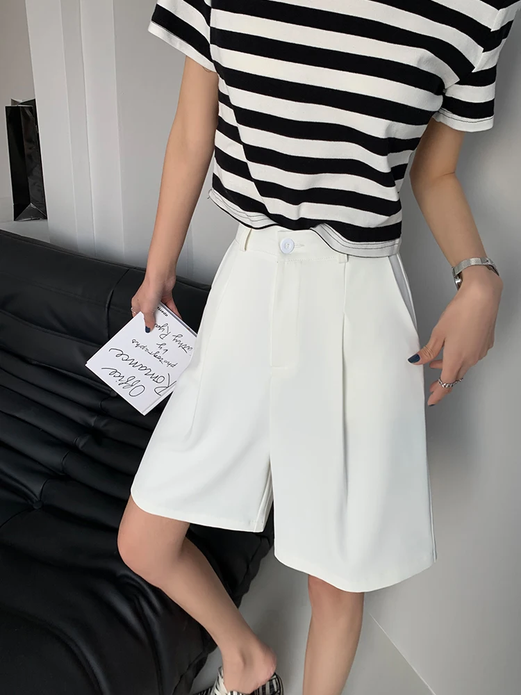 DFRCAEG 2023 Summer Bermuda Shorts For Women High Elastic Waist Wide Leg Loose Suit Pants With Pockets Casual Half Pants Femme