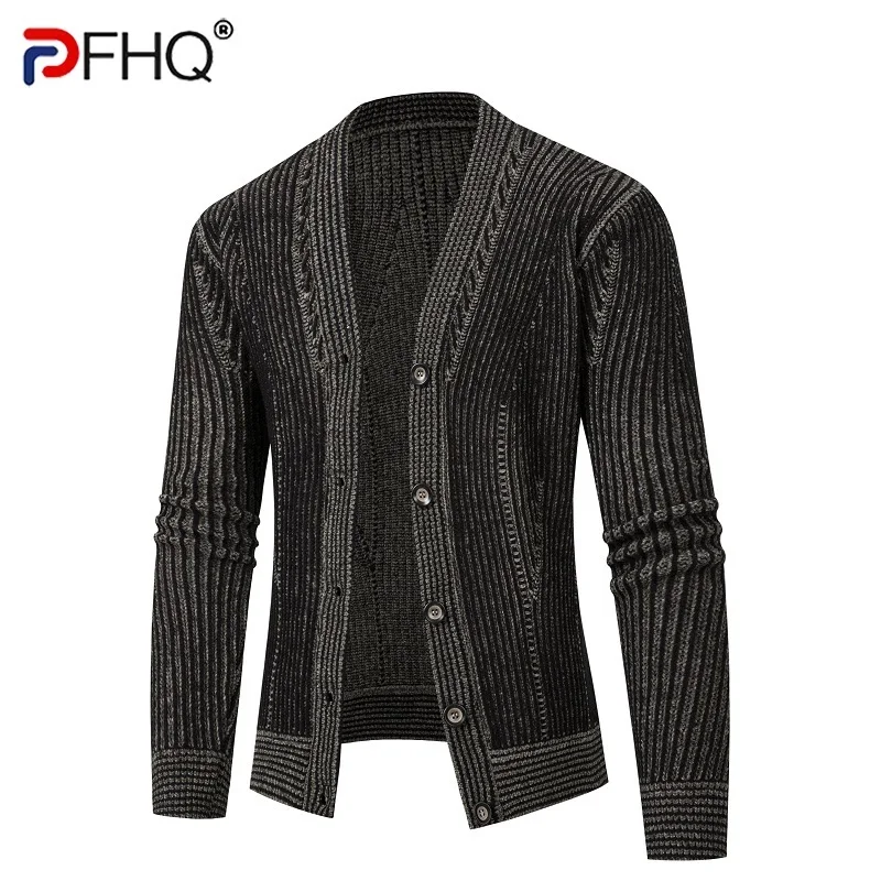 PFHQ мужской свитер вязаный кардиган европейская мода полосатый 2024 контрастный
