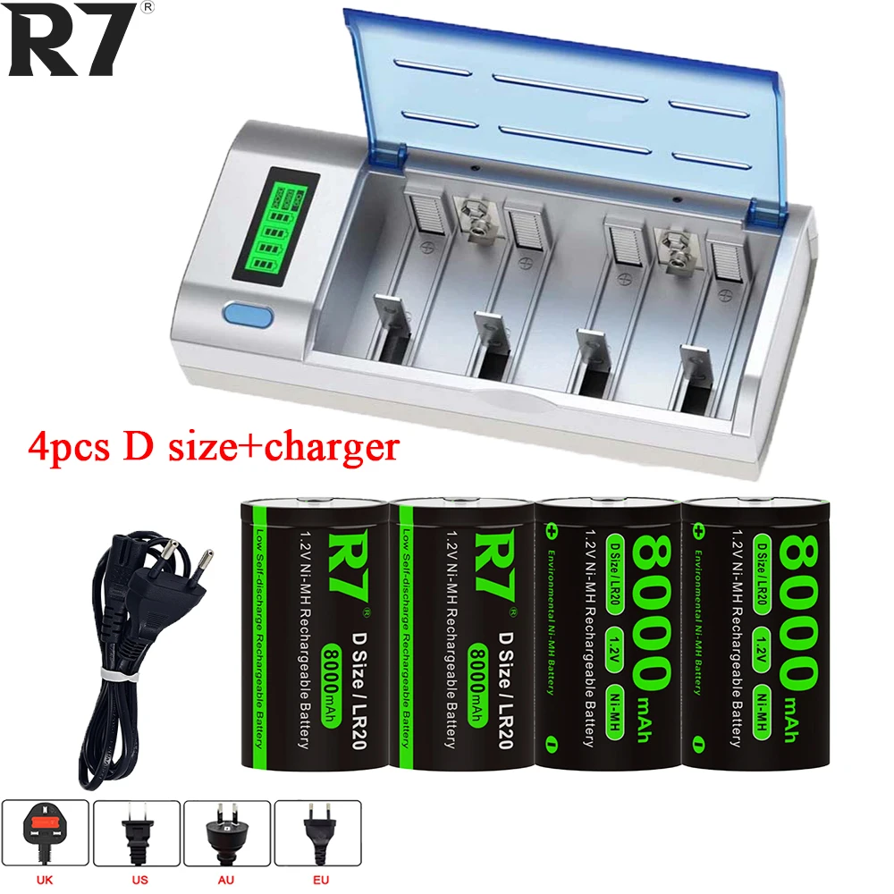 

R7 1-8pcs D size rechargeable battery 8000mAh 1.2V NI-MH D battery d batteries+ Fast LCD charger for AA AAA C D 9V battery