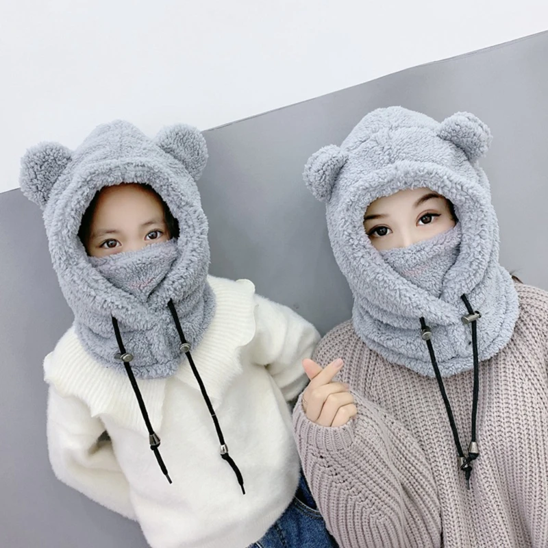 

Winter Adult Children Hat Scarf In One Fleece Kids Warm Caps Parent-child Cartoon Windproof Hats For Girls Boys Earflap Cap