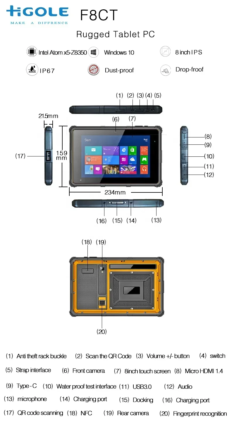 HiGole 8-дюймовый четырехъядерный мини-компьютер с Windows 10, IP67, все в одном касании, водонепроницаемый прочный планшетный ПК для промышленного автомобиля (art.: 3920cc0943cda) - 3920cc0943cda