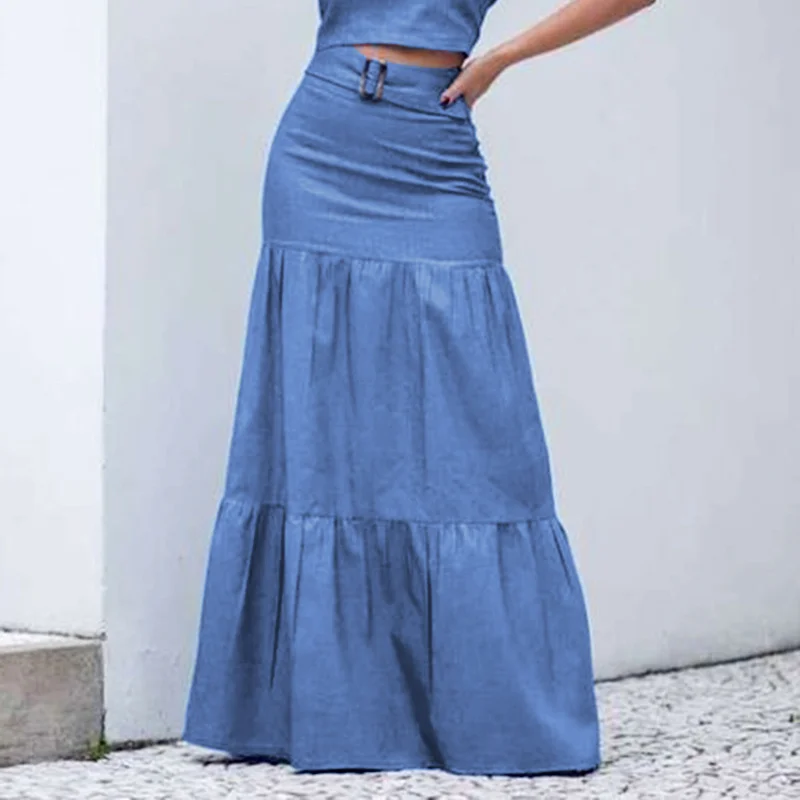 

2021 solid women skirt long elastic waistline plied maxi beach skirts plied vintage summer chic waistband bottoms party