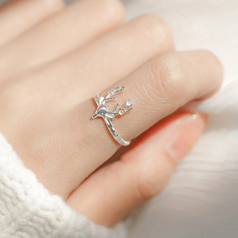 

Cute Romantic Plum Flower Deer Animal Adjustable Ring 925 Sterling Silver Fine Jewelry for Women Party Daily Accessories Gift