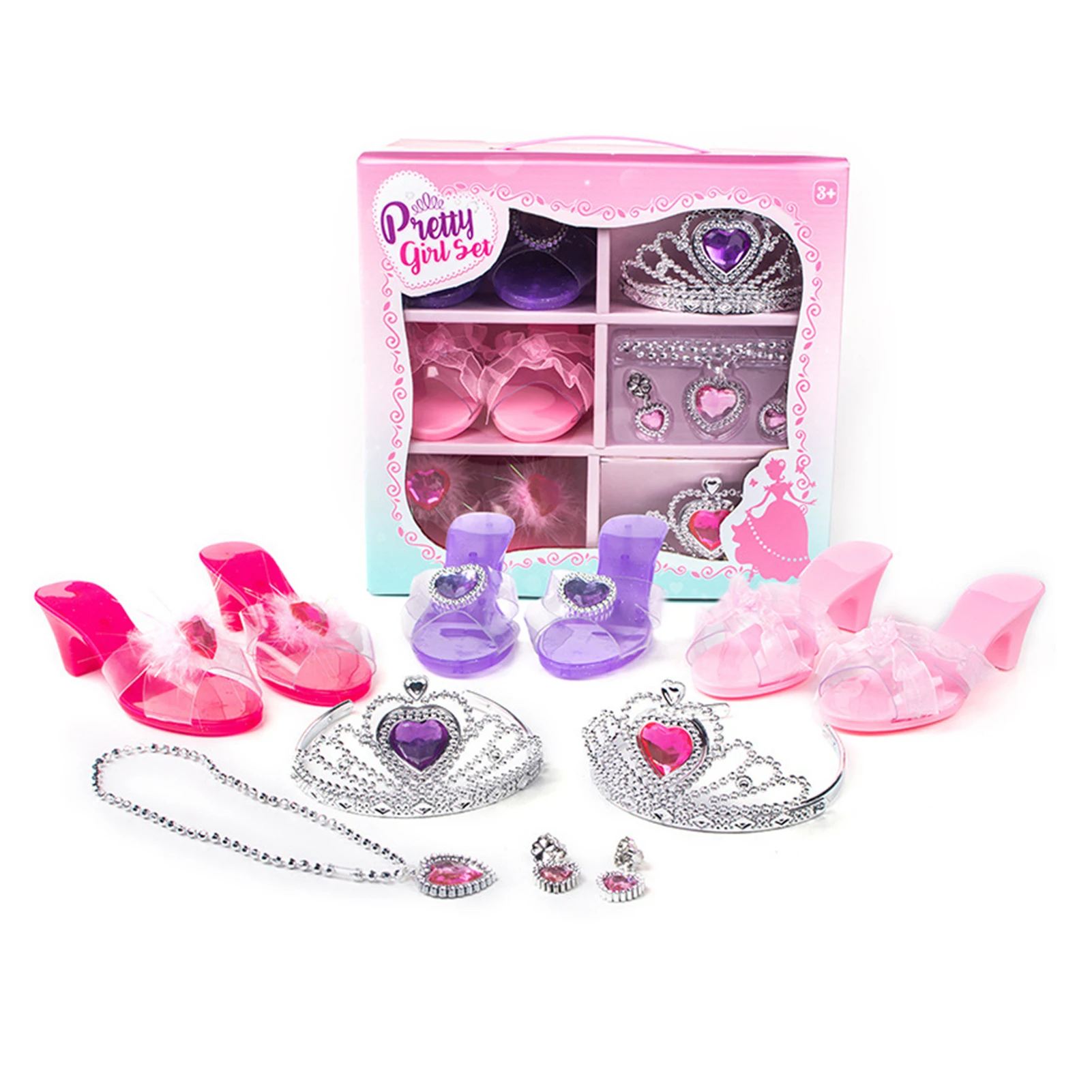 

Princess Dress Up Play Toy Pretend Play House Toy Set Crystal High-heels Necklace Backpack Kit Girl Party Play Toy Accessory