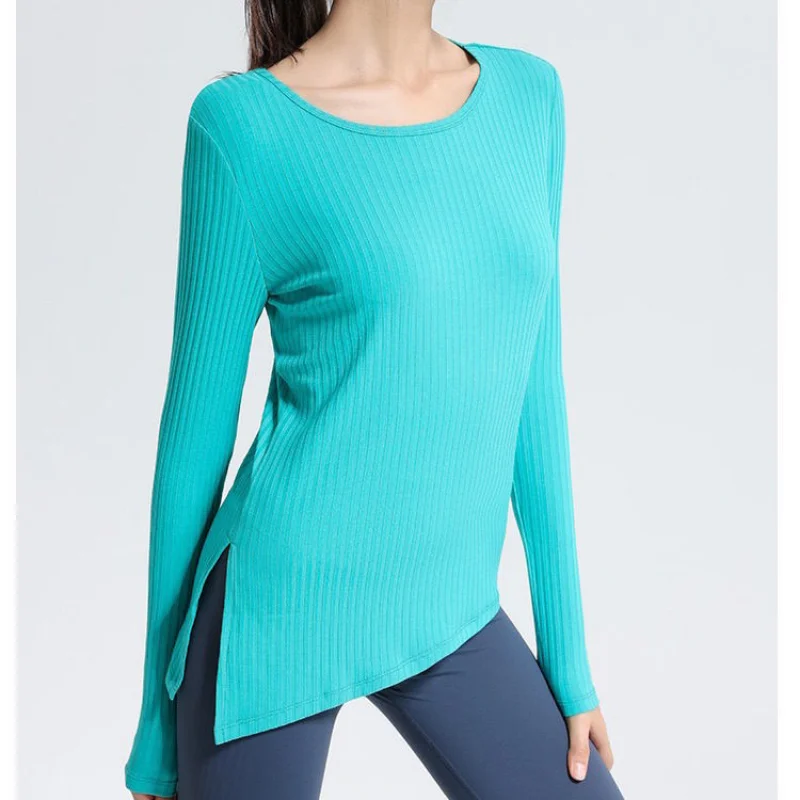 Women's Long-sleeved Ribbed Sports Top Quick Dry Fitness Yoga Irregular Shirts Slim Breathable Round Neck Gym Running Clothing