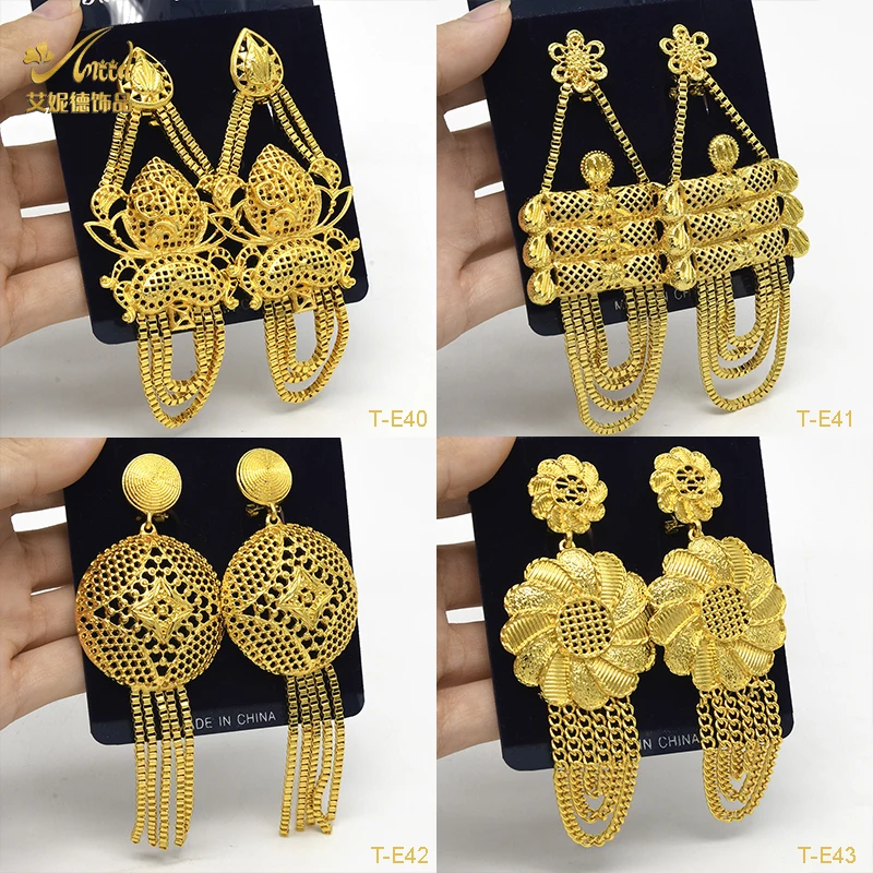 

ANIID Ethiopia Gold Color Big Earring Dubai Luxury Pendant Stud Earrings With Tassel For Women Banquet Wedding Jewellery Gifts