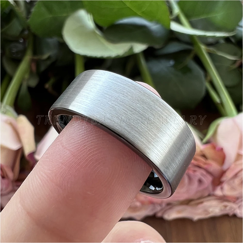 10mm 12mm Mens Womens Large Black Classic Tungsten Carbide Ring Wedding Band Pipe Cut Brushed Finish Comfort Fit