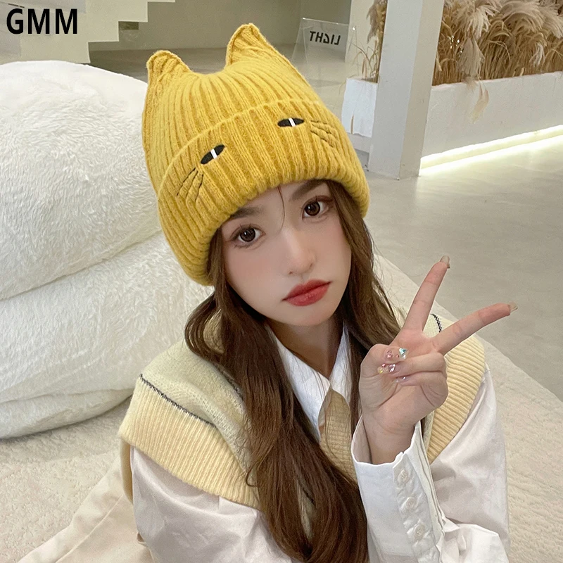 

Милая Вязаная Шапка-бини с кошачьими ушками, зимние шапки для женщин, теплые шапочки, облегающие шапки, милая мультяшная шапка ручной работы, теплая шапка