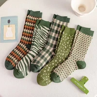 5pairslot japanese designer light green cotton socks breathable sports double needle knitted women socks