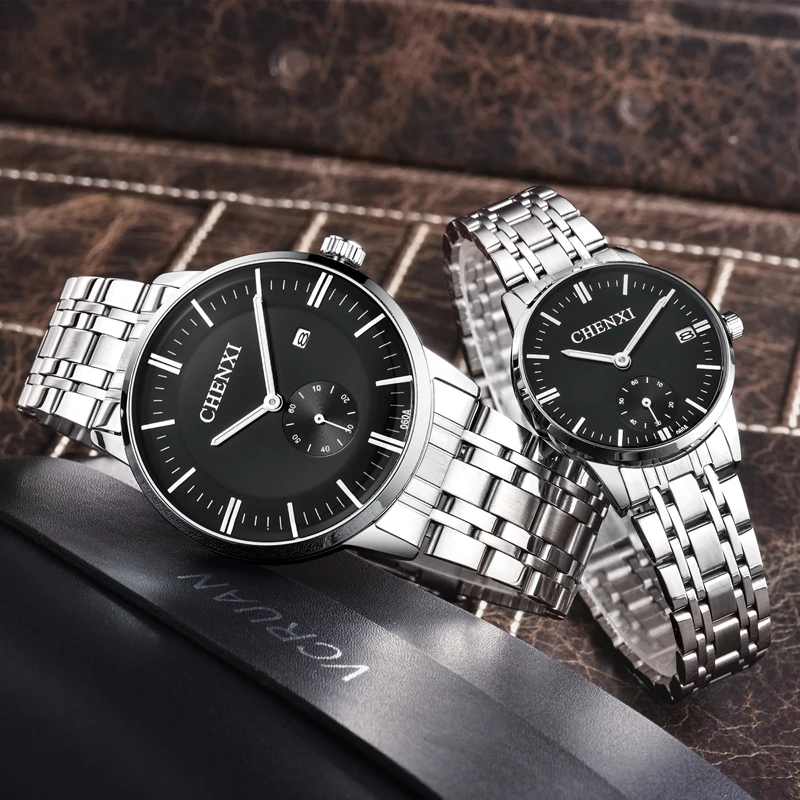 CHENXI Couple Watch Large Dial 43mm Ultra-thin Simple Men Watch Stainless Steel Quartz Date Watch For Women Gifts Lover Watches