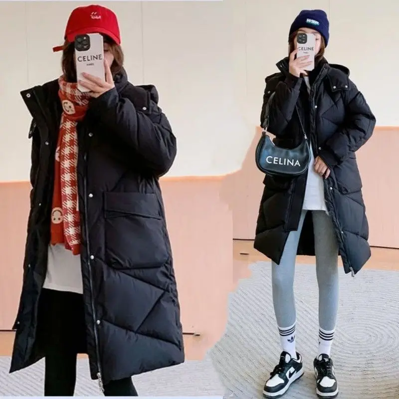 Loose Hooded Thicken Warm Mid Length Parkas Winter Cotton Padded Feminina Korean Long Sleeve Pockets Women Coats 2023 New S92