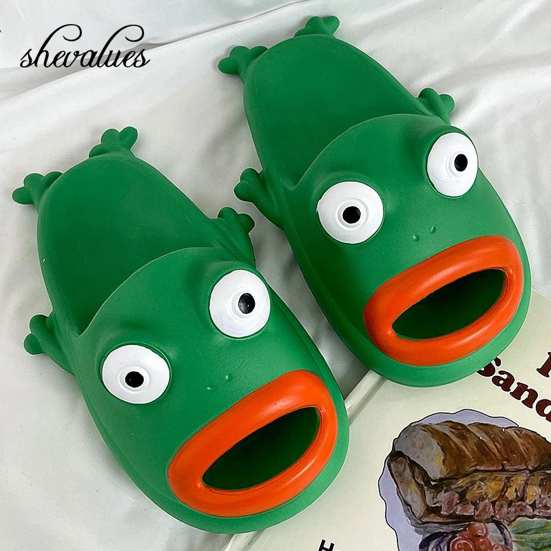 

Shevalues Cute Women Slippers Interest Green Frog Slides Home Soft Soled Slippers Outdoor Beach Fashion Cartoon Frog Flip-flops