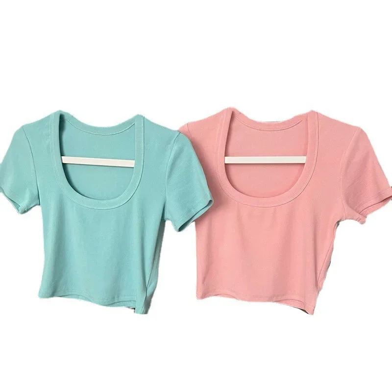 Корейская Яркая Цветная облегающая футболка с глубоким U-образным вырезом для