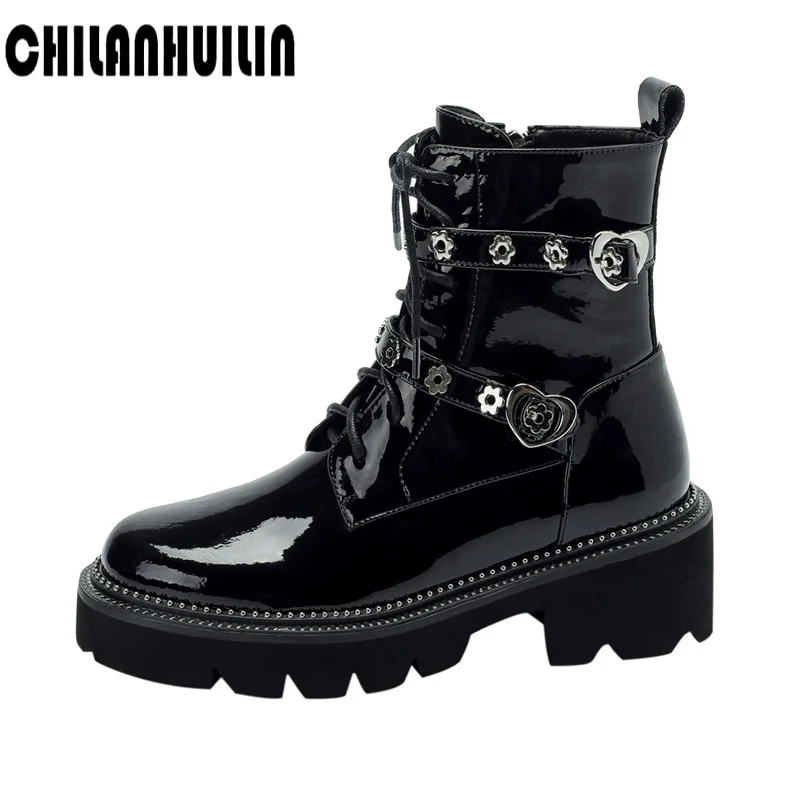 

thick platform ankle boots for women wedges patent leather punk buckle ladies fashion lace-up autumn martin boots shoes woman