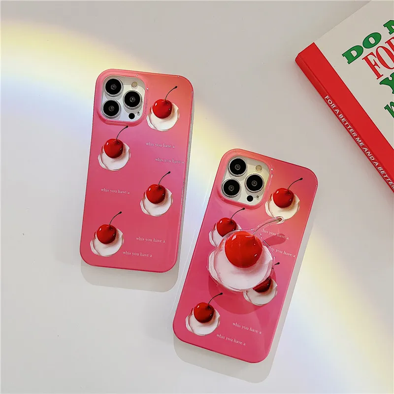 

For iPhone 14Promax 2023 New Ins Net Red Korean Pink Cherry Phone Holder Soft Case 14Pro 13Promax 12 11