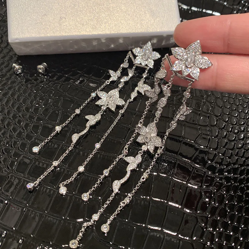 

Tassel flower earrings handmade micro-set zircon temperament elegant double-sided front and rear leaf earrings