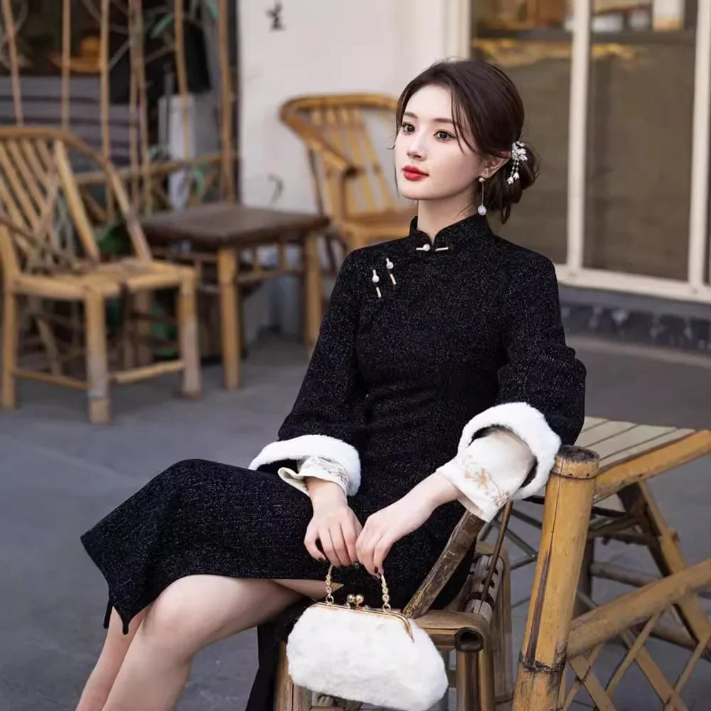 Плюс размер сексуальный тонкий Cheongsam осень-зима женский длинный Ципао помолвка