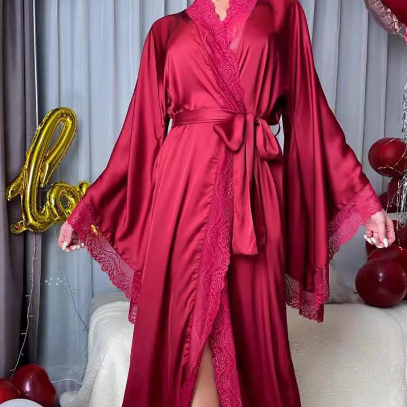 Spring and Summer New Satin Pajamas Women's Lace Light Luxury Long-sleeved Cool-feeling Nightgown Bathrobe Women