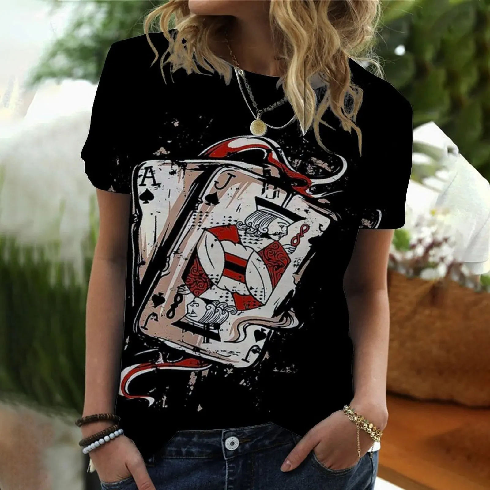 

Женская футболка с коротким рукавом и круглым вырезом, Повседневная летняя футболка с цифровым принтом игральных карт, новинка 2022