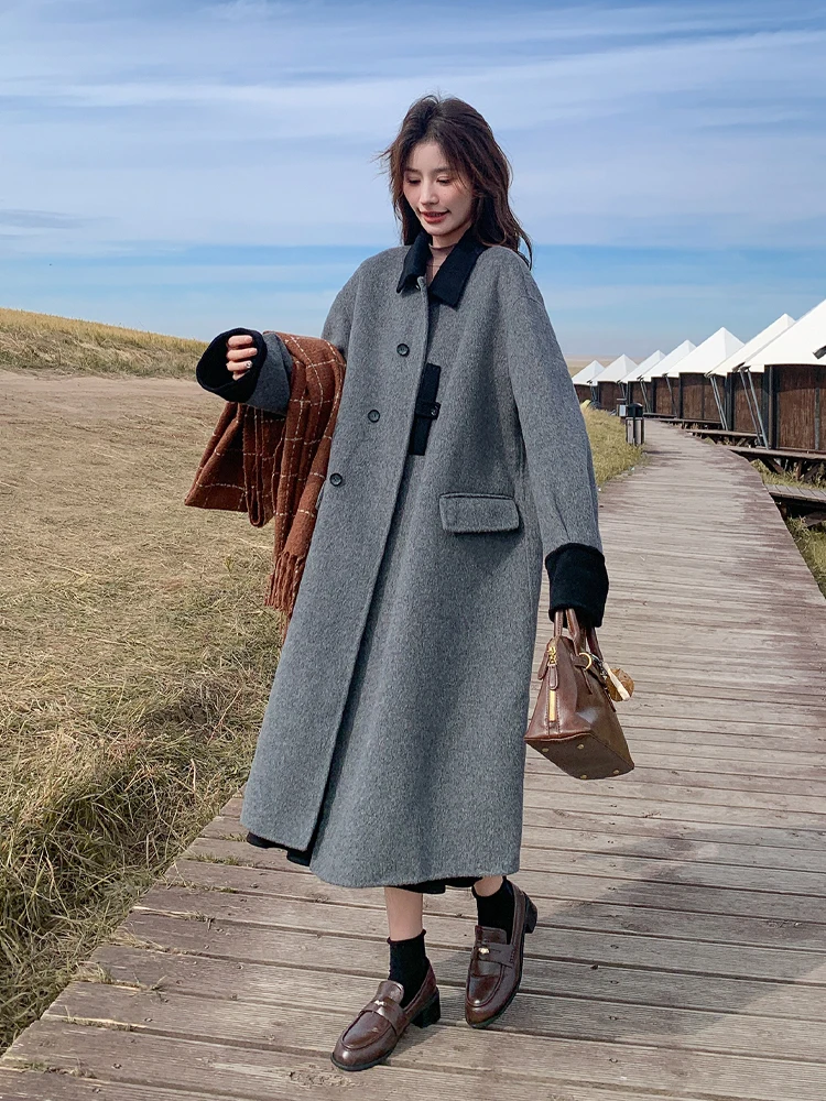 Gray Design Sense Double-sided Cashmere coat Women 2024 Winter New Korean Series Temperament Mid-Length Woolen Jacket