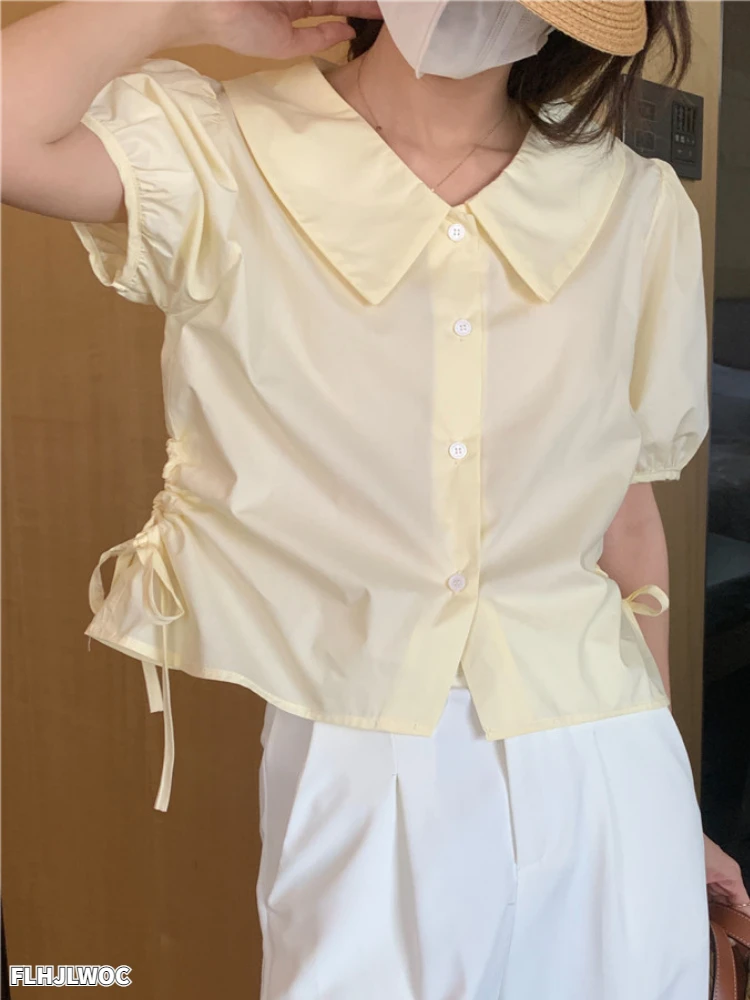 

Cute Sweet Top Blusas Summer Short Sleeve Button Shirt Peter Pan Collar Green Retro Vintage Korea Japan Style Design Women Tops