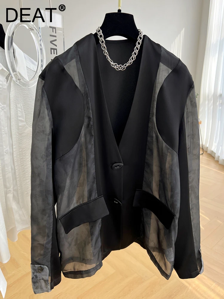 

DEAT Fashion Women's Blouse Loose V-neck Single Breasted Spliced Organza Sunscreen Shirt Female Tide Summer 2023 New 17A8411