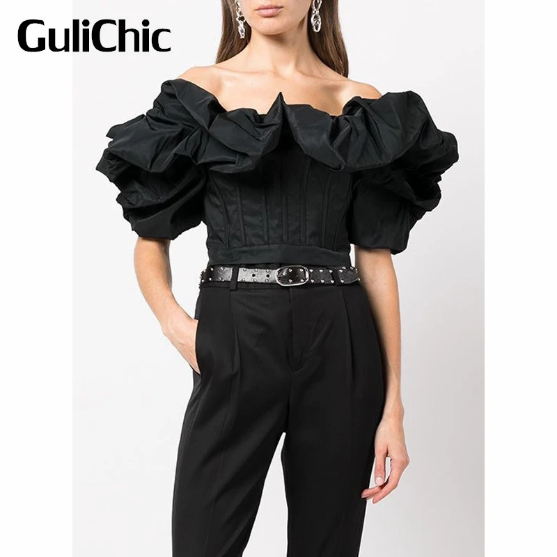 

7.8 GuliChic Women Fashion Zipper Back Ruffle Slash Neck Off Shoulder Short Blouse