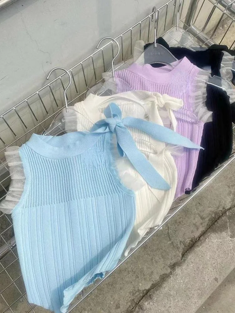 

Vintage Lace Crop Tops 2023 Women's Clothing O-neck Bow Tunic Sweet Tanks Korean Chic Casual Fashion Summer Waistcoat Ropa Mujer