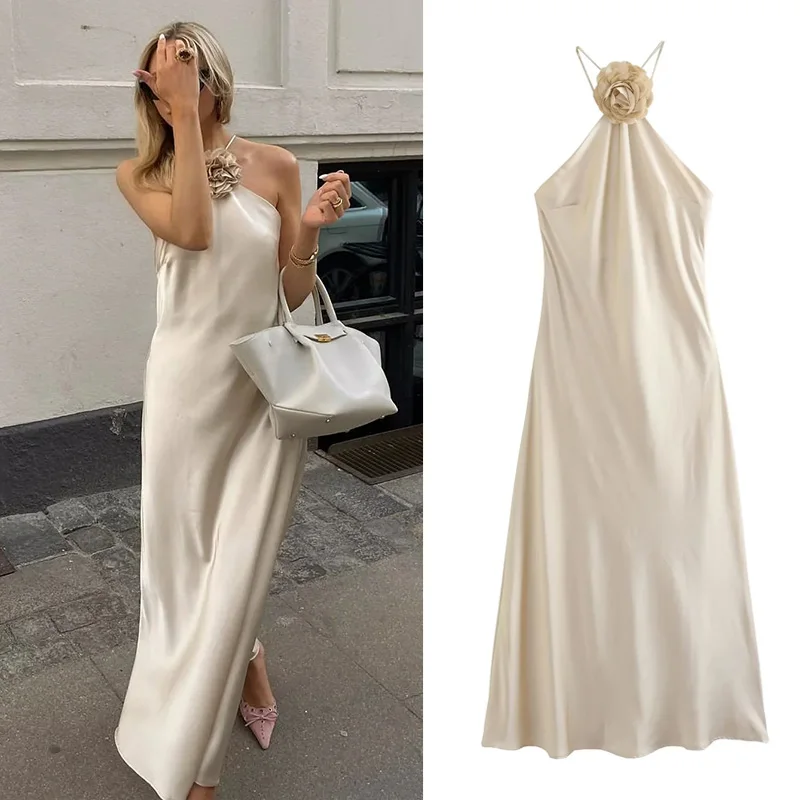 

MosiMolly 2023 Trendy Flower Dress Halter Neck Backless Maxi Dress Date Night Dress Summer Female Vestidos Elegant Dress