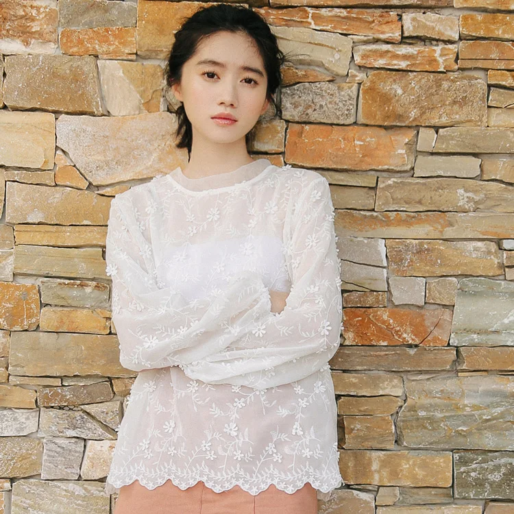 

Осенняя Женская одежда Новинка корейский тонкий стиль прозрачная однотонная кружевная рубашка с круглым вырезом и вышивкой с длинным рука...