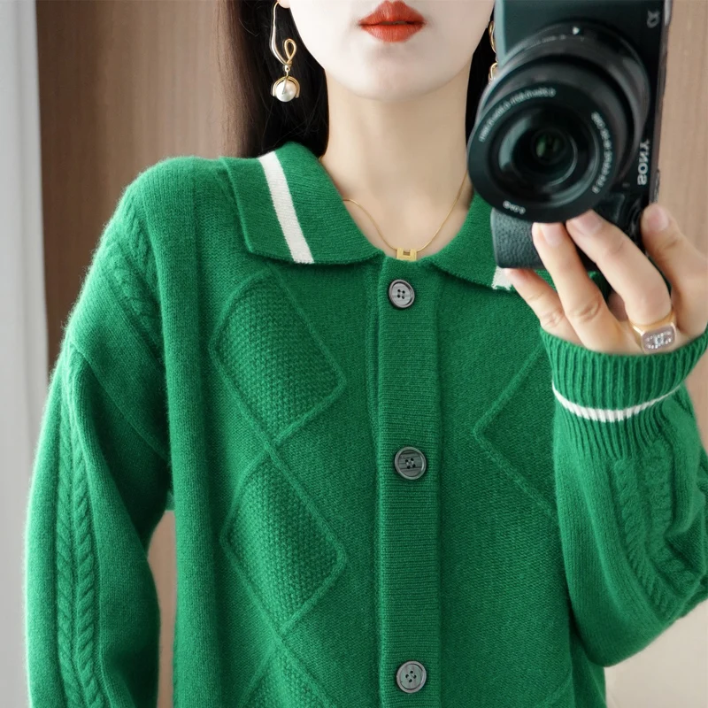2022 Autumn New 100% Pure Wool Cardigan Top Collar Cashmere Short Slim Fit Sweater Knitted Undercoat
